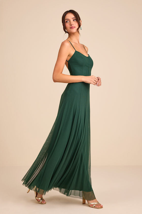 Atori Dark Green Mesh Sleeveless Maxi Dress