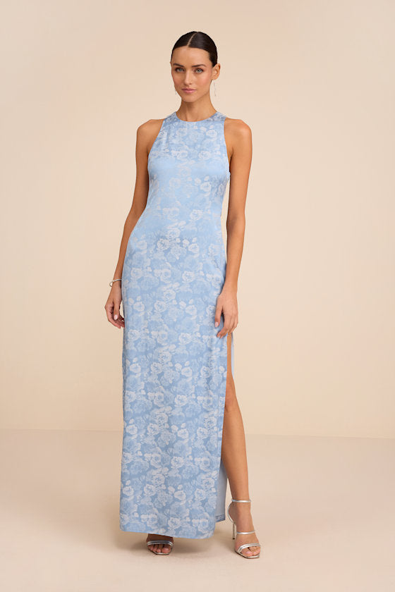 Lamila Light Blue Floral Satin Column Maxi Dress