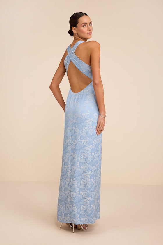 Lamila Light Blue Floral Satin Column Maxi Dress