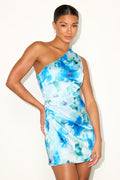 Love Me Tonight Blue Floral Satin One-Shoulder Mini Dress