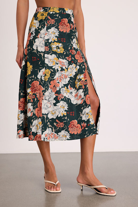 Bliss Me Emerald Floral Print Midi Skirt
