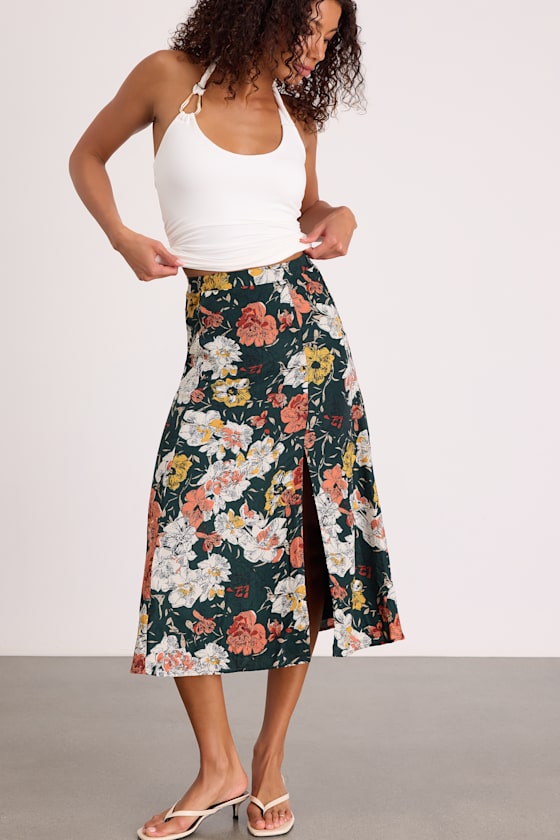 Bliss Me Emerald Floral Print Midi Skirt