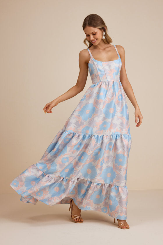 Avalie Cream Floral Tiered Bustier Maxi Dress
