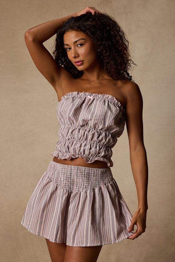 Honeysuckle Pink Striped Smocked Mini Skirt