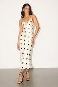 Maxime Ivory Polka Dot Satin Cowl Back Midi Dress