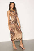 Marilyn Brown Animal Print Mesh Cowl Midi Dress