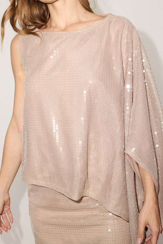 Belinda Beige Sequin Asymmetrical Mini Dress
