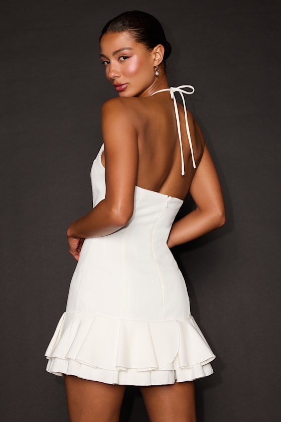 Idesa White Halter Tiered Mini Dress