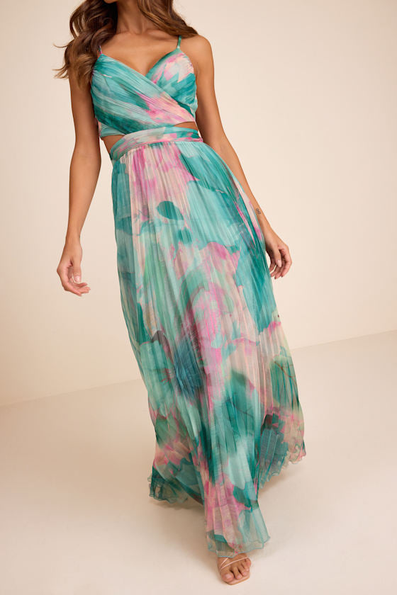 Estelle Teal Blue Floral Pleated Cutout Maxi Dress