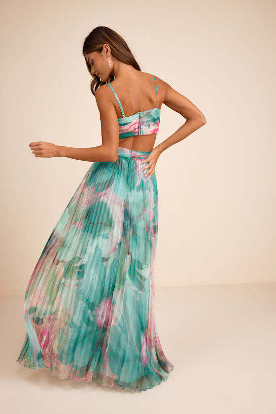 Estelle Teal Blue Floral Pleated Cutout Maxi Dress