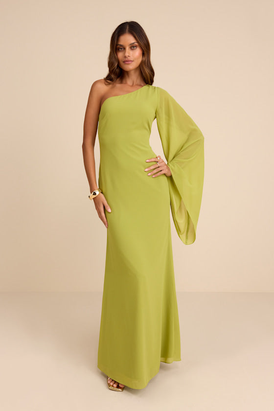 Elizabeth Lime Green One-Shoulder Bell Sleeve Maxi Dress