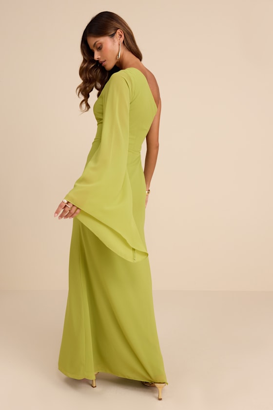 Elizabeth Lime Green One-Shoulder Bell Sleeve Maxi Dress