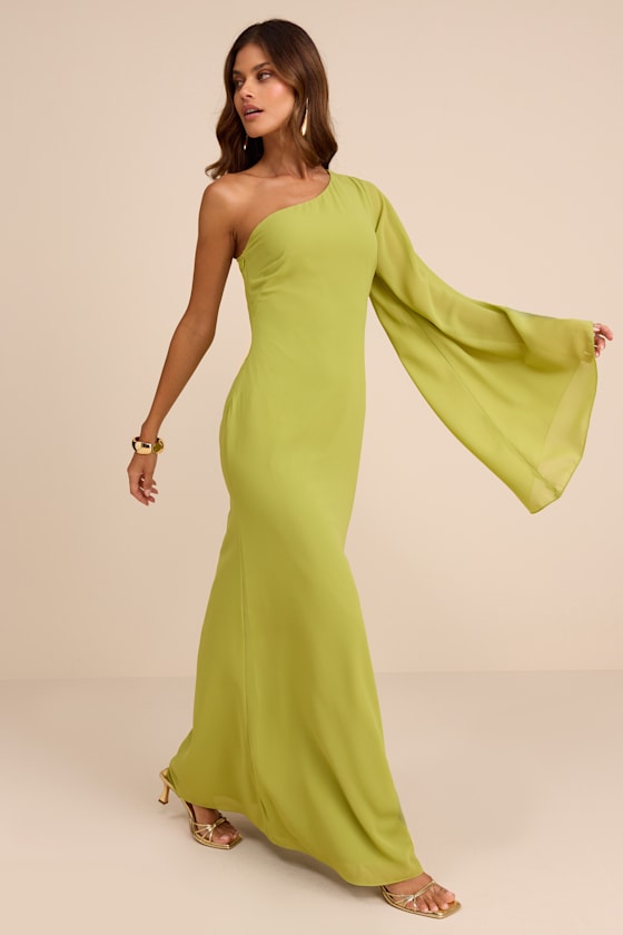 Elizabeth Lime Green One-Shoulder Bell Sleeve Maxi Dress