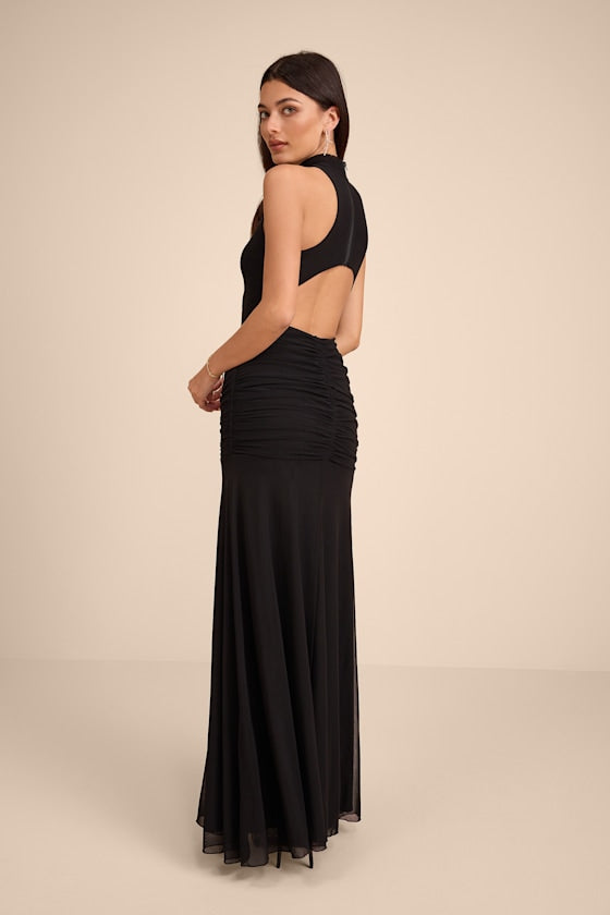 Alma Black Mesh Mock Neck Ruched Maxi Dress