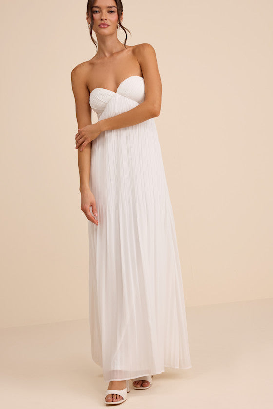 Remley White Pleated Strapless Maxi Dress