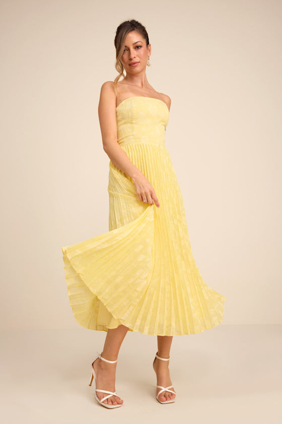 Perfectly Stunning Yellow Jacquard Strapless Midi Dress