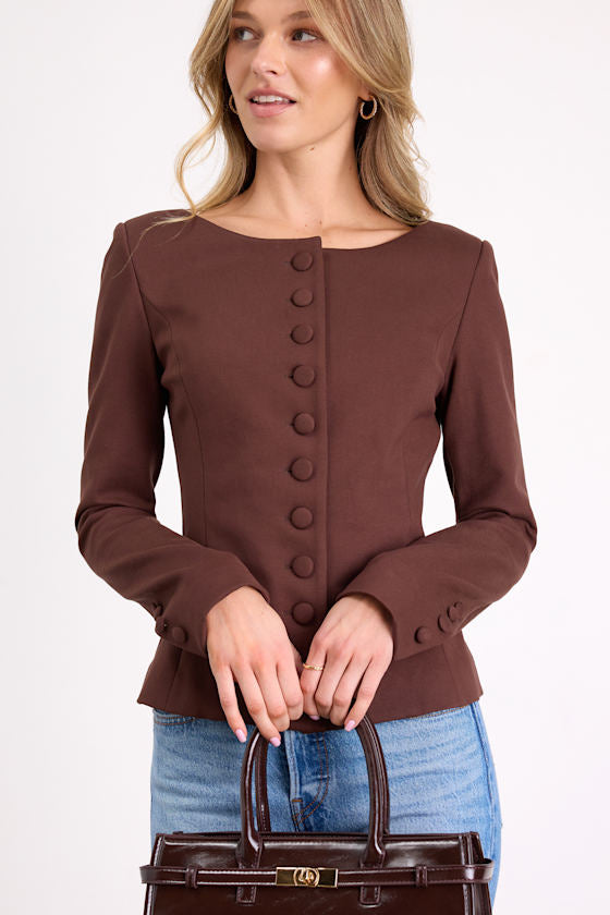 Risha Dark Brown Button-Front Blazer