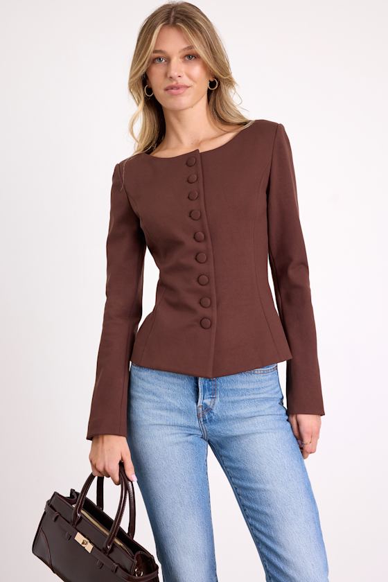 Risha Dark Brown Button-Front Blazer