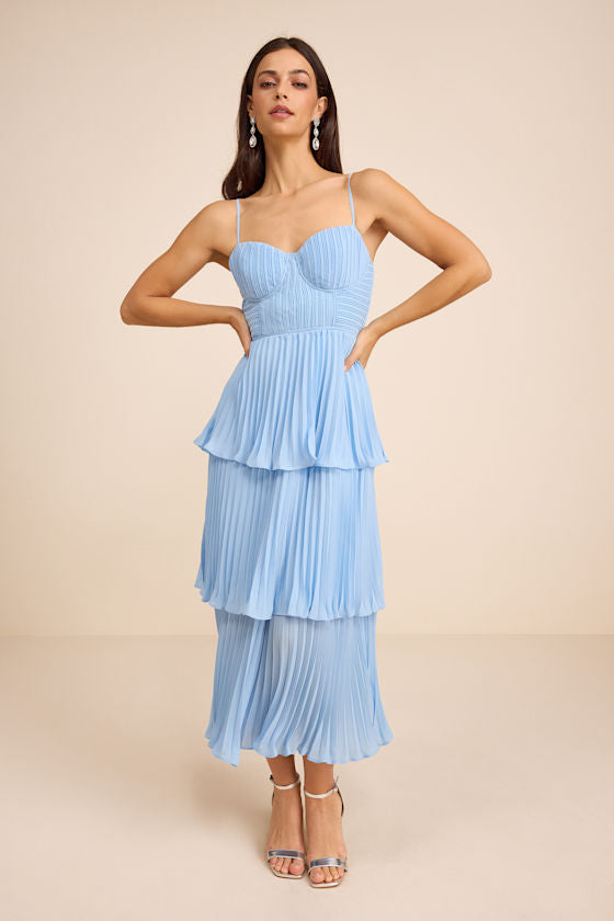 Cascading Crush Light Blue Tiered Bustier Midi Dress