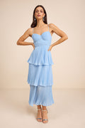Cascading Crush Light Blue Tiered Bustier Midi Dress