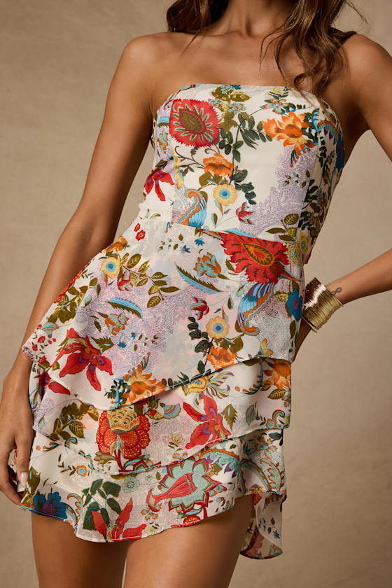 Suvi White Multi Floral Strapless Tiered Asymmetrical Mini Dress