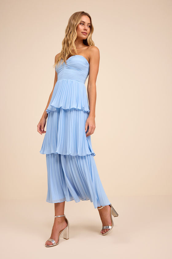 Seriously Sensational Light Blue Strapless Tiered Midi Dress