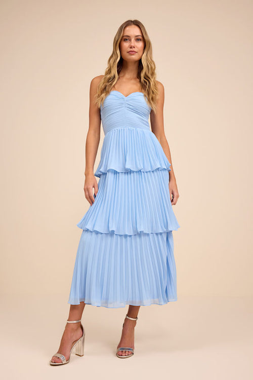 Seriously Sensational Light Blue Strapless Tiered Midi Dress