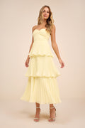 Seriously Sensational Light Yellow Strapless Tiered Midi Dress