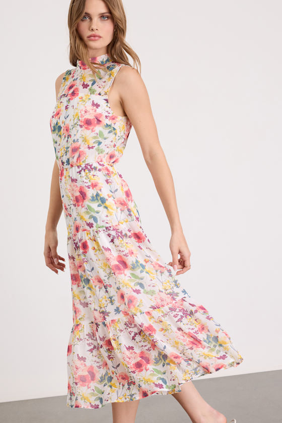 In My Dreams Ivory Multi Floral Print Midi Dress