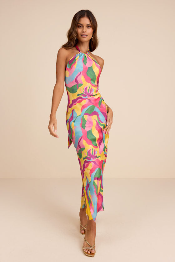 Glowing Presence Yellow Multi Abstract Satin Halter Maxi Dress