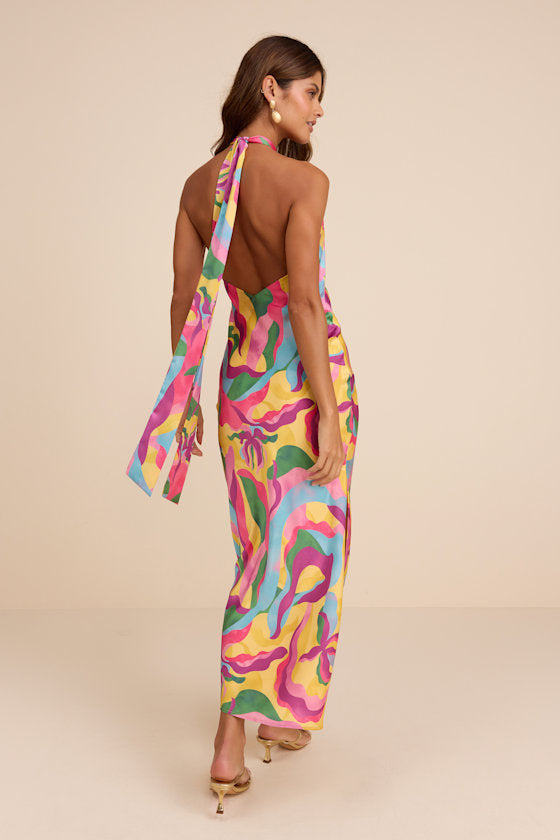 Glowing Presence Yellow Multi Abstract Satin Halter Maxi Dress