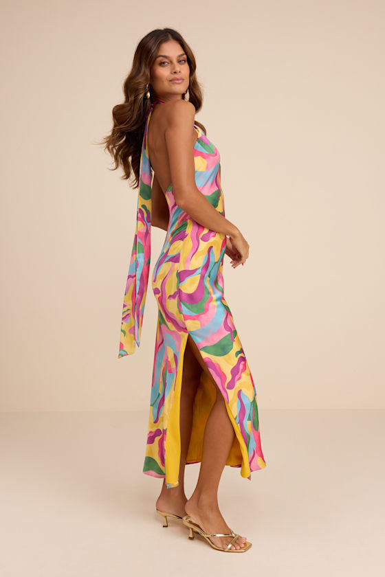 Glowing Presence Yellow Multi Abstract Satin Halter Maxi Dress