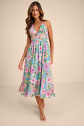 Danelle Light Blue Floral Halter A-Line Midi Dress