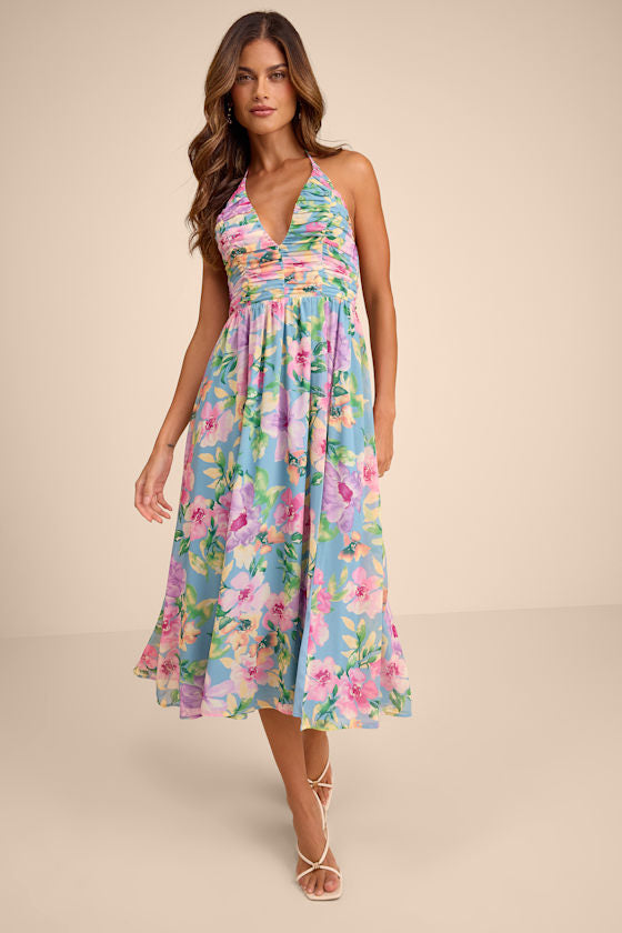 Danelle Light Blue Floral Halter A-Line Midi Dress