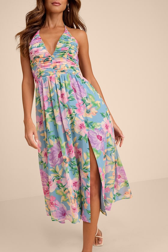 Danelle Light Blue Floral Halter A-Line Midi Dress