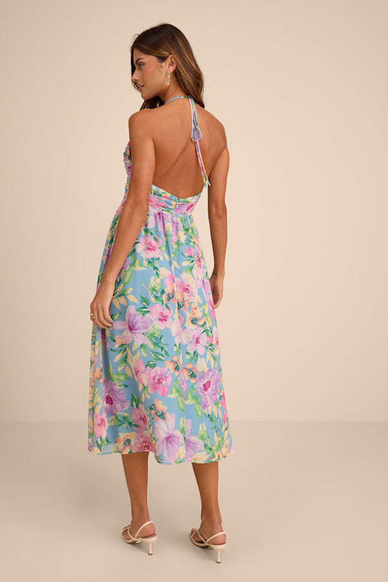 Danelle Light Blue Floral Halter A-Line Midi Dress