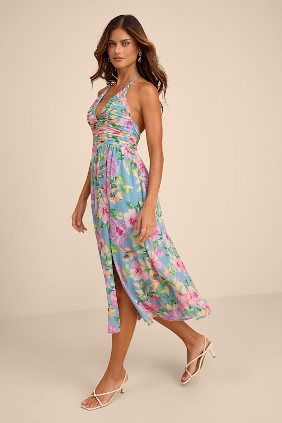Danelle Light Blue Floral Halter A-Line Midi Dress