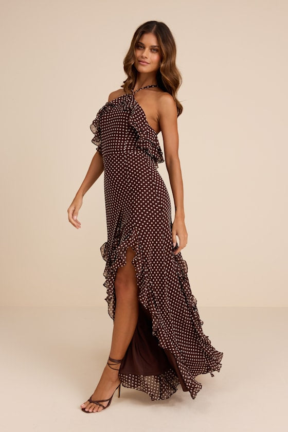 Casey Brown Polka Dot Halter Ruffled Maxi Dress