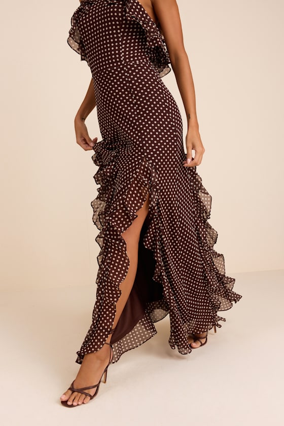 Casey Brown Polka Dot Halter Ruffled Maxi Dress