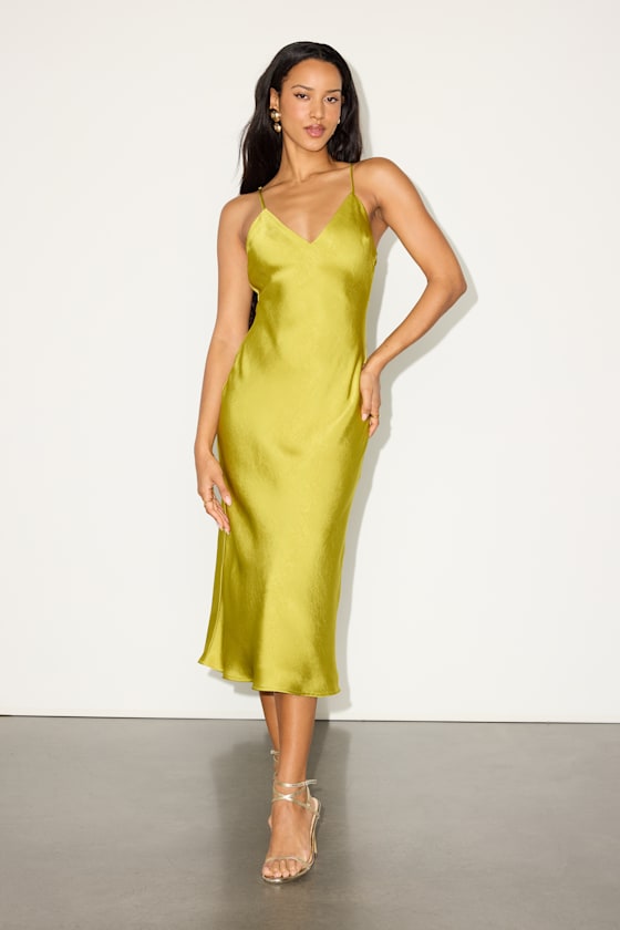 Katrien Chartreuse Textured Satin Backless Midi Slip Dress