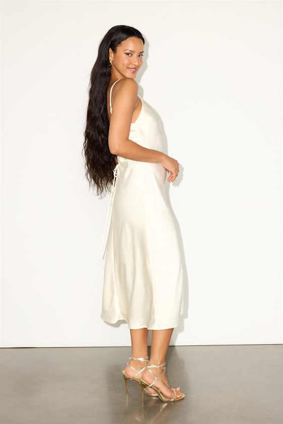 Katrien Ivory Textured Satin Backless Midi Slip Dress
