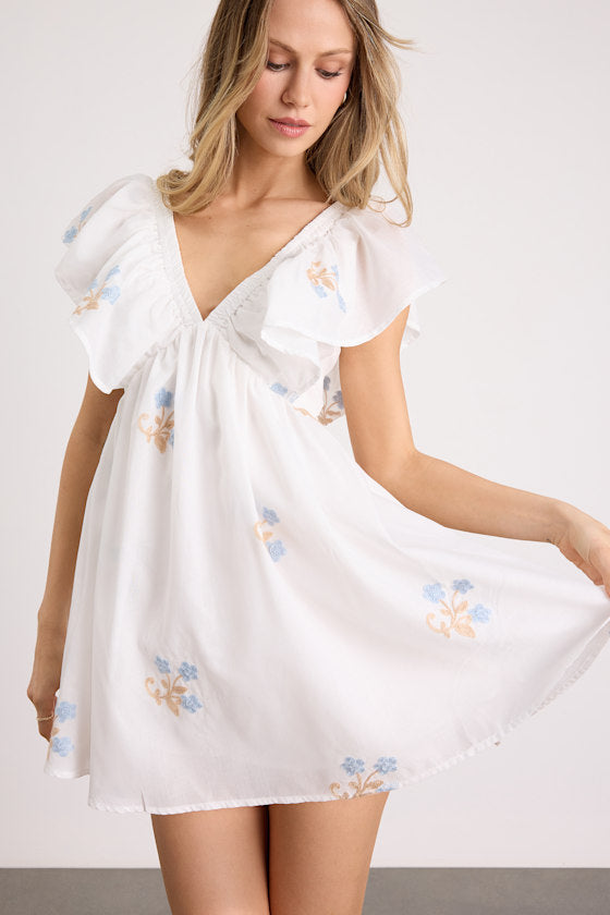 Kory Ivory Embroidered Flutter Sleeve Mini Dress
