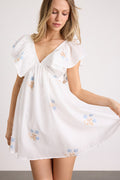 Kory Ivory Embroidered Flutter Sleeve Mini Dress