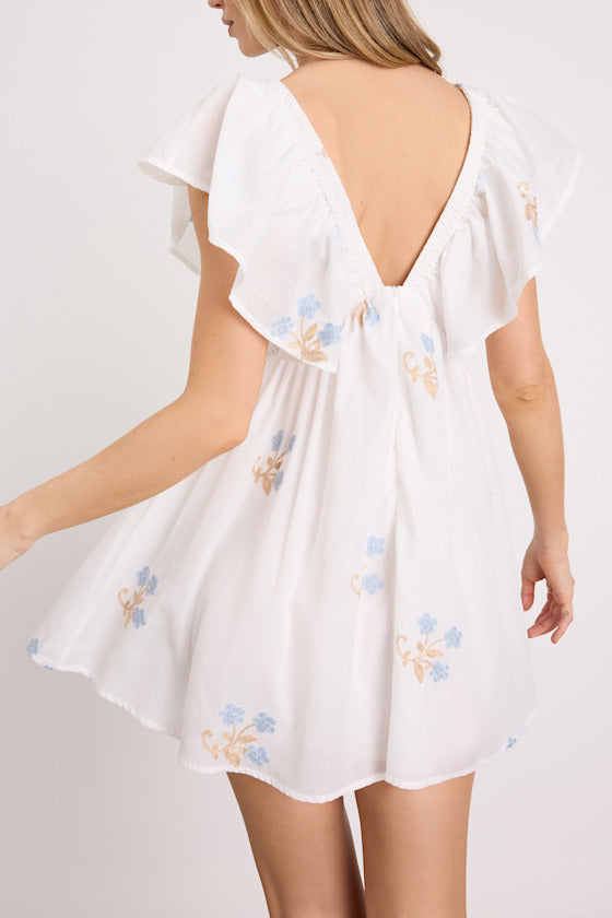 Kory Ivory Embroidered Flutter Sleeve Mini Dress