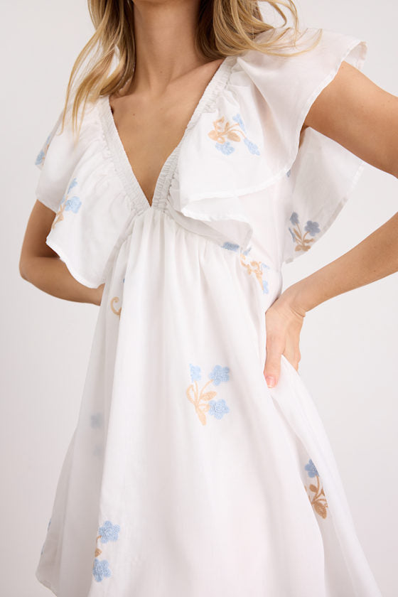 Kory Ivory Embroidered Flutter Sleeve Mini Dress