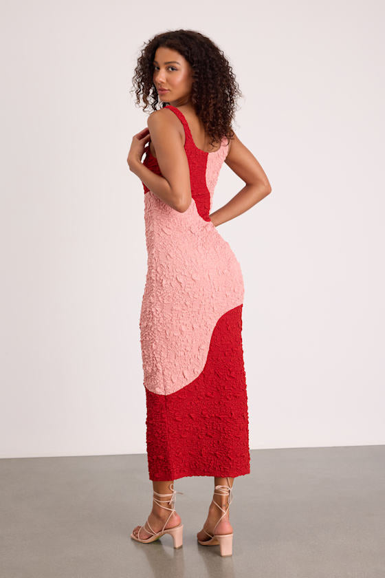 Instantly Adored Red and Pink Color Block Textured Midi Dress