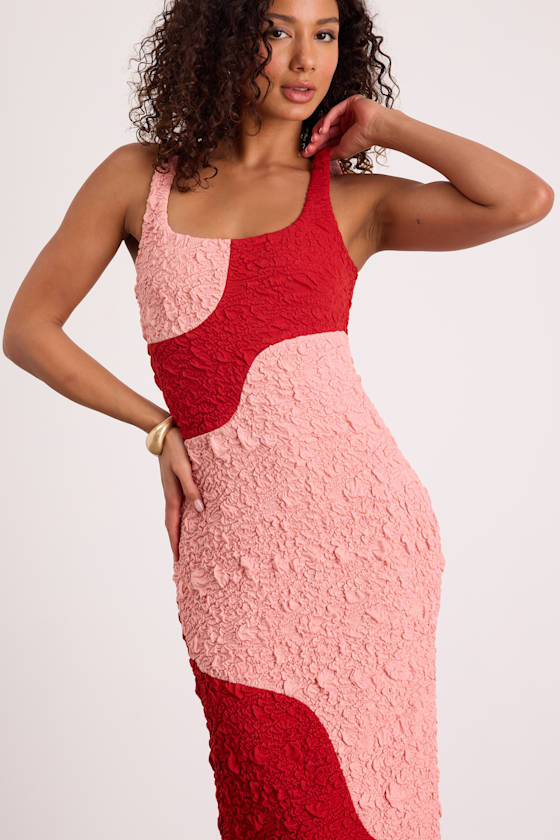 Instantly Adored Red and Pink Color Block Textured Midi Dress
