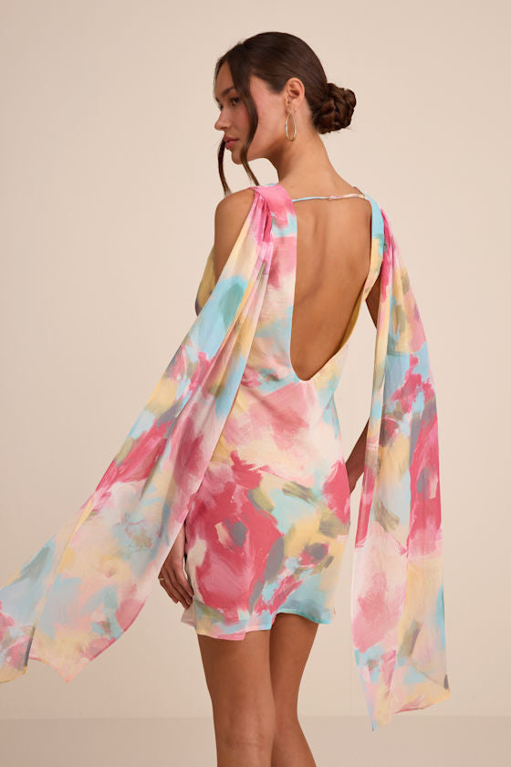 Siya Pink Multi Abstract Print Cowl Sash Mini Dress