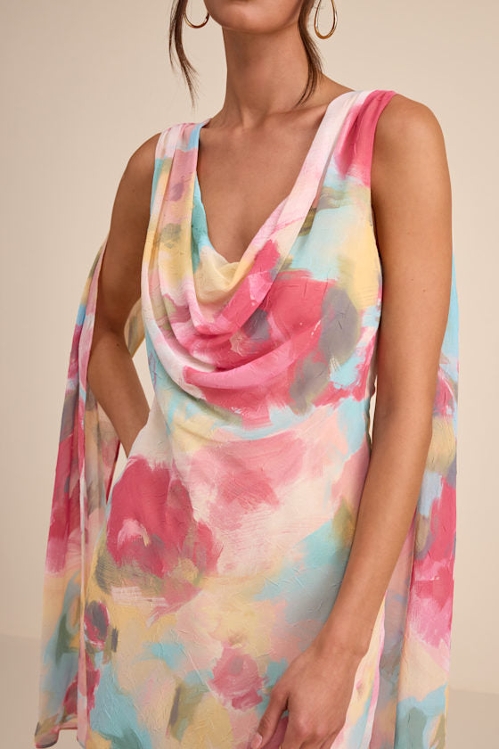 Siya Pink Multi Abstract Print Cowl Sash Mini Dress