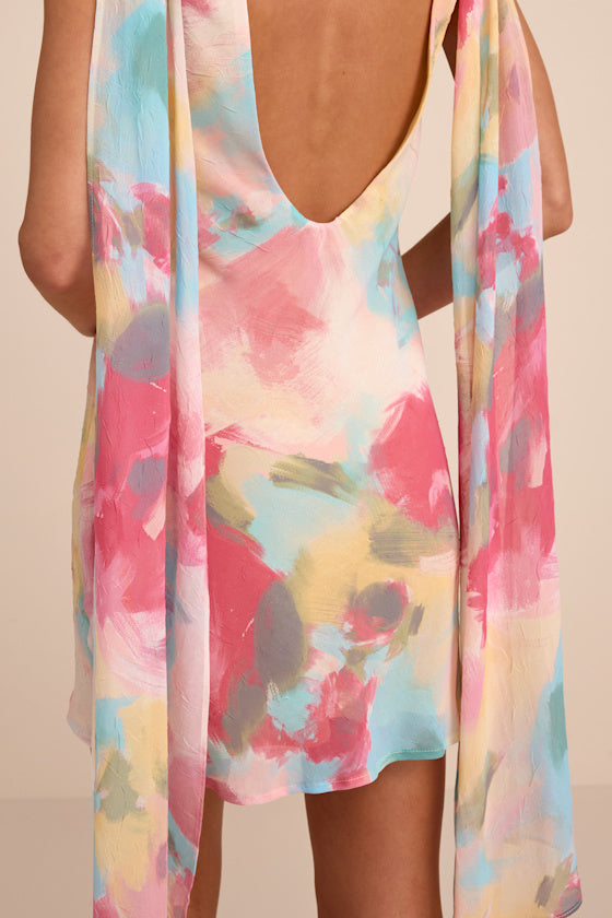 Siya Pink Multi Abstract Print Cowl Sash Mini Dress